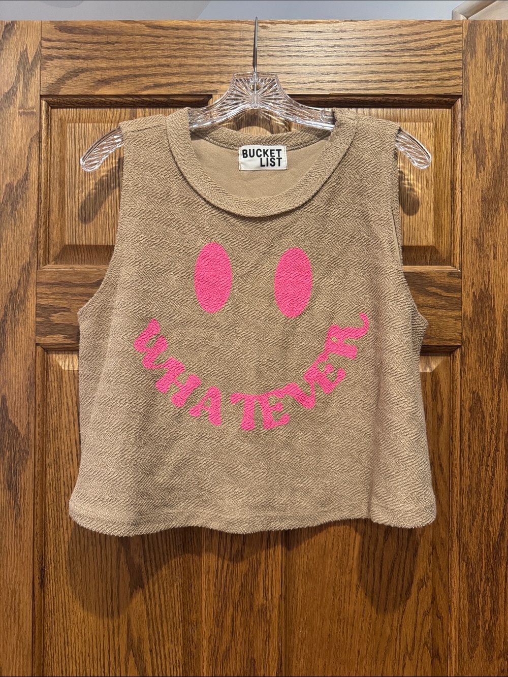 BUCKETLIST Beige Tank Top with Pink Smiley Graphic